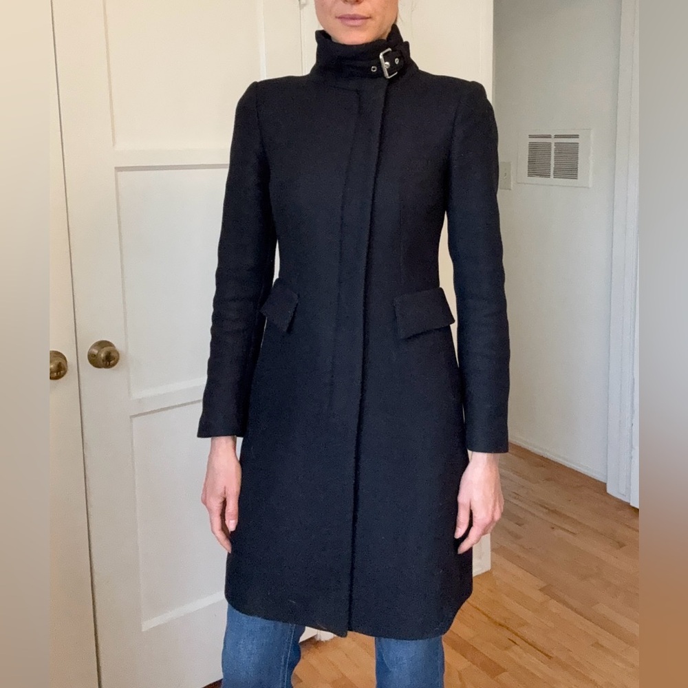 ZARA Women’s Black Buckle Neck Military Wool Blend Pea Coat